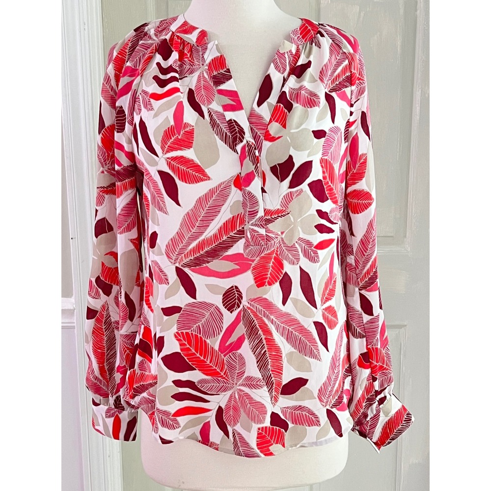 Banana Republic Blouse XS Women Tropical Leaf Print Pink Red V-Neck Long Sleeve